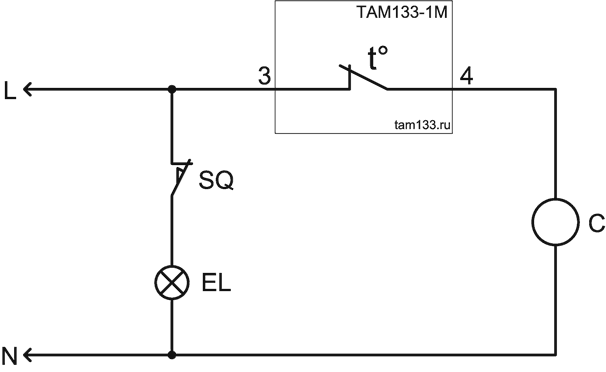 Типовая принципиальная электрическая схема подключения терморегуляторов серии ТАМ133-1М к электропроводке
         холодильника, первый вариант.