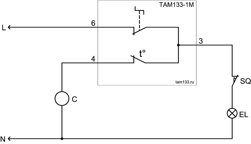 Типовая принципиальная электрическая схема подключения терморегуляторов серии ТАМ133-1М к электропроводке
         холодильника, второй вариант.